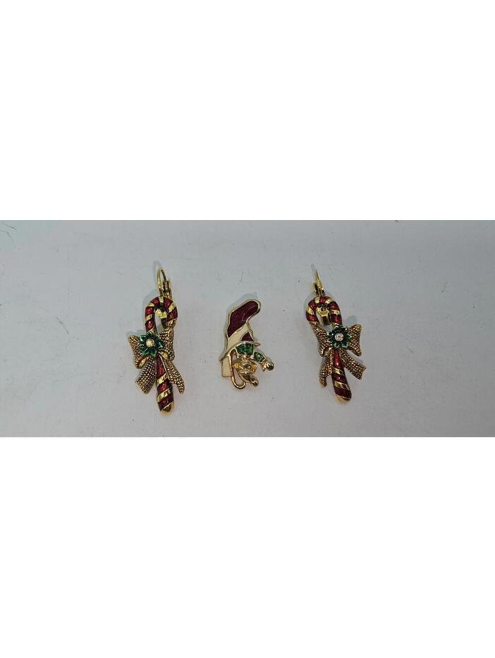 Vintage Christmas Candy Cane and Santa Hat Brooch and Earrings Set